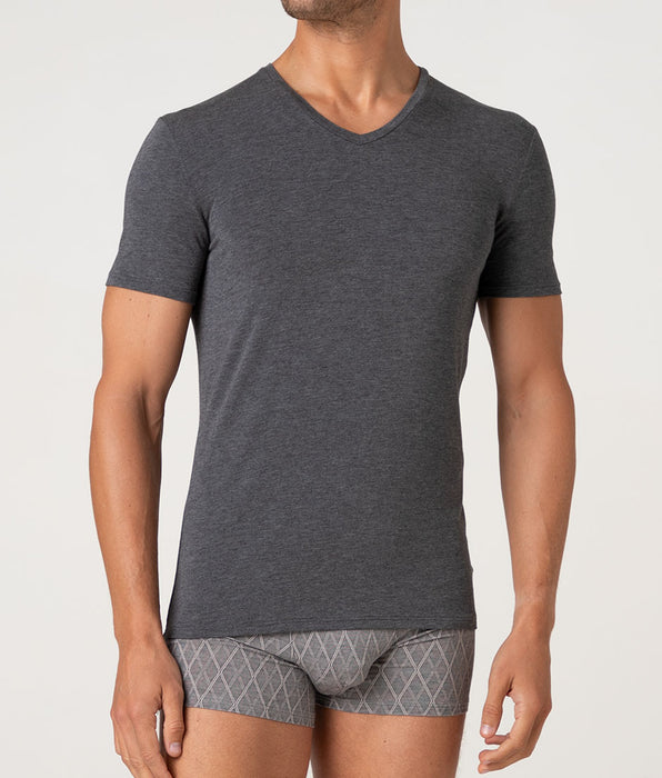 Lovable T-Shirt Scollo A V Elegant Jacquard Micromodal, antracite melange