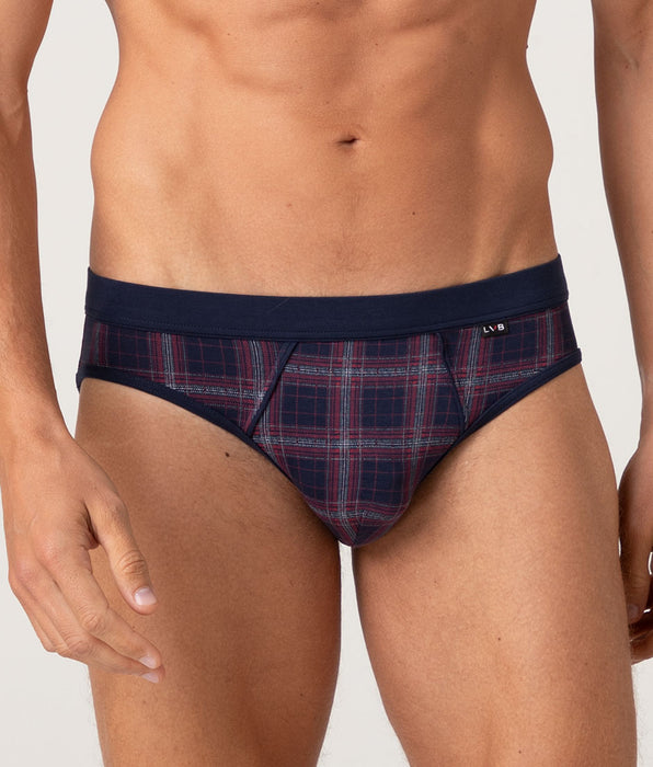 Lovable Printed Stretch Cotton Briefs, Blue Red and Ivory Check