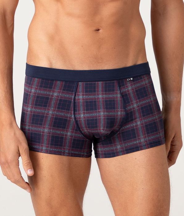 Lovable Printed Stretch Cotton Boxer, Blue Red and Ivory Check