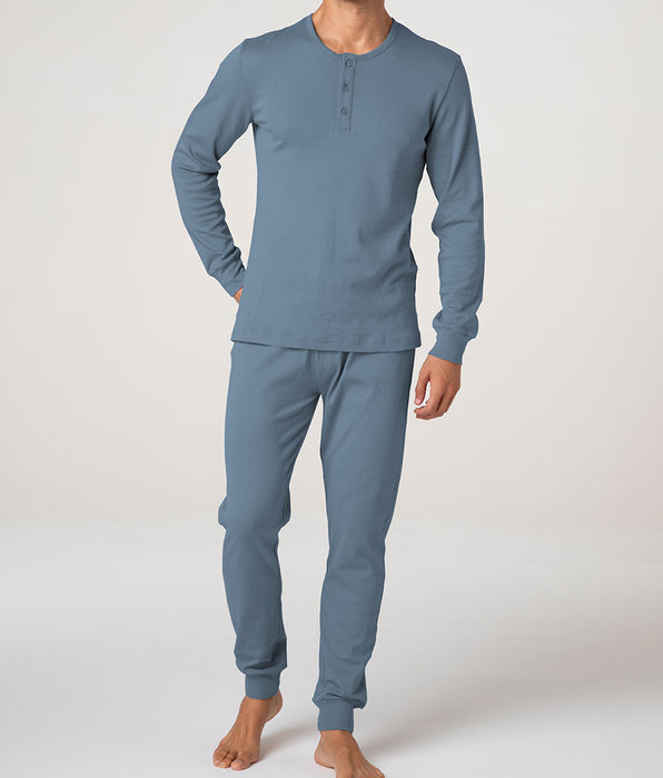 Lovable Long Cotton Interlock Henley Pyjama Set, Dusty Blue