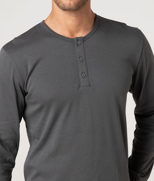 Lovable Long Cotton Interlock Henley Pyjama Set, Smoke Grey