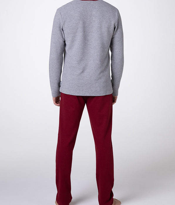 Lovable Pigiama Lungo Collo Serafino Warm Fabric e Interlock, grigio melange e bordeaux