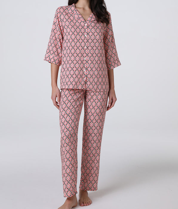 Lovable Pigiama Aperto Manica 3/4 in Tela di Viscosa, rosa pesco stampato