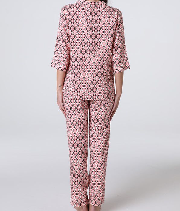 Lovable Pigiama Aperto Manica 3/4 in Tela di Viscosa, rosa pesco stampato