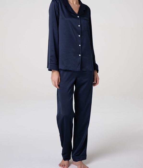 Lovable Satin Open Long Pajama Set, navy blue