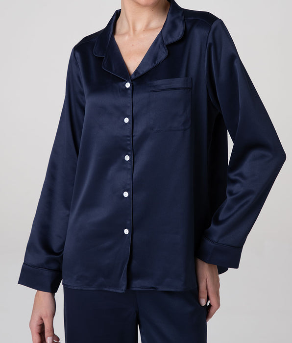 Lovable Satin Open Long Pajama Set, navy blue