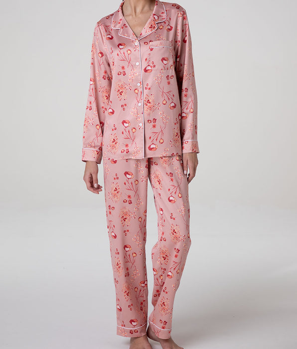 Lovable Printed Satin Long Pajama Set, rose terracotta