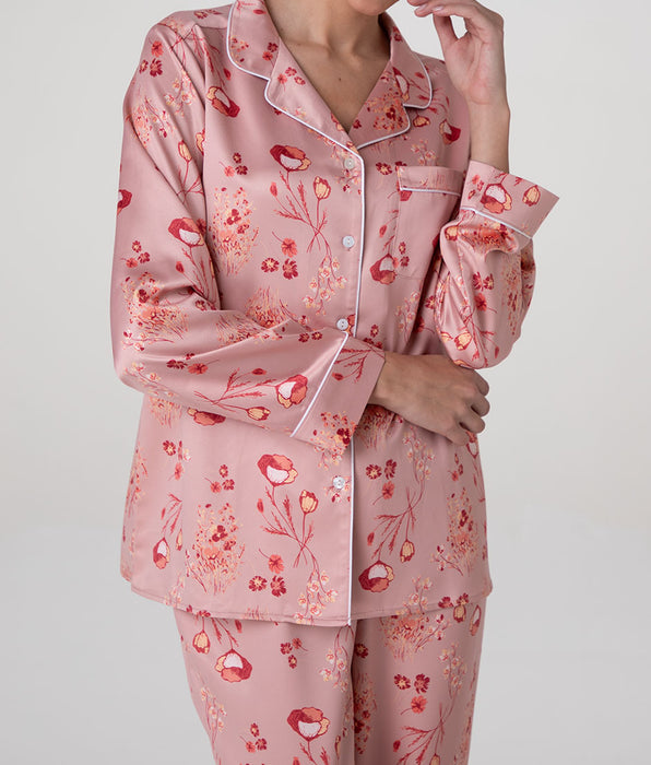 Pigiama Lungo Aperto in Satin Stampato, rosa terracotta