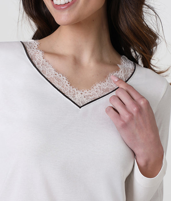 Lovable Long pajamas with V-neck in modal cotton and viscose canvas, milk white