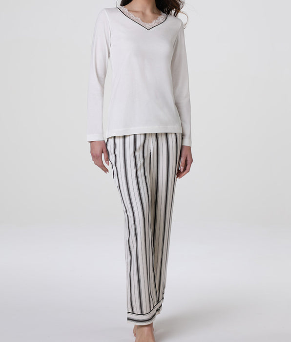 Lovable Long pajamas with V-neck in modal cotton and viscose canvas, milk white