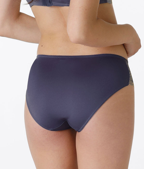 Lovable Beauty Curves Midi Briefs in lace and microfibre, denim blue and cappuccino