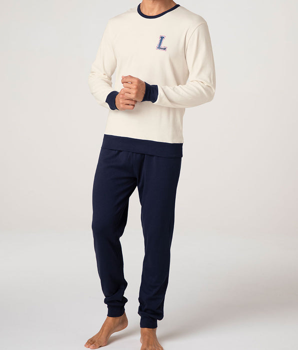Lovable Long Cotton Interlock Crew-Neck Pyjama Set, Ivory