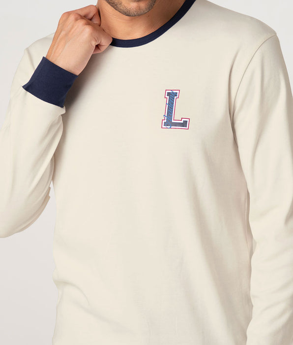 Lovable Long Cotton Interlock Crew-Neck Pyjama Set, Ivory