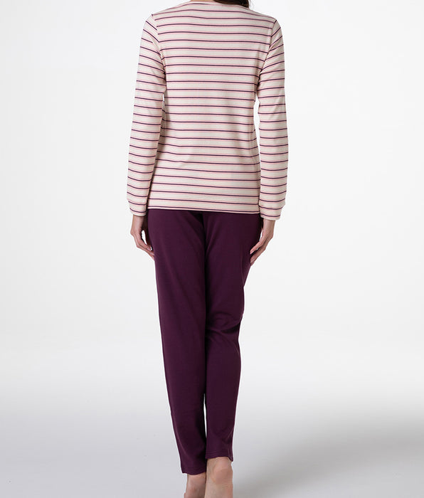 Lovable Pigiama Lungo in Interlock, righe avorio, rosa e vinaccia