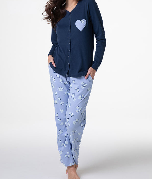 Lovable Pigiama Lungo Aperto in Interlock, blu notte