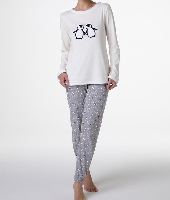 Lovable Pigiama Lungo in Interlock pinguino, avorio perlato