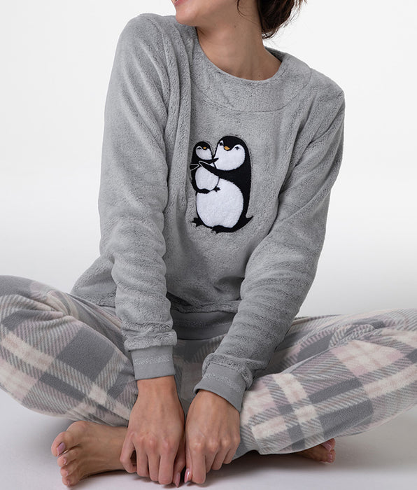 Lovable Homewear Chiuso in Pelliccetta e Pile pinguino, grigio melange