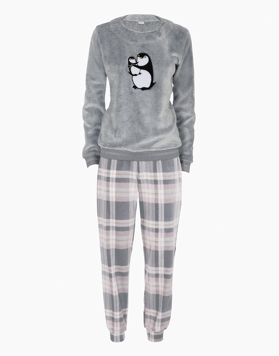 Pigiama Intero Donna Munki Munki Luxe Con Cappuccio – Pinguino Grigio/rosa, Taglia L - Foto 3