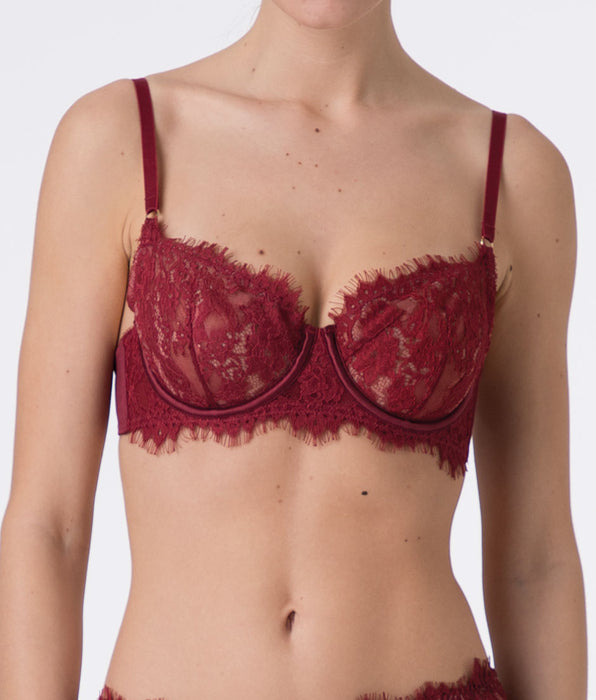 Lovable Underwired Balconette Bra Le Studio in lace and tulle, dark red