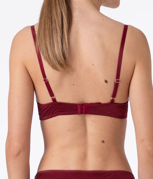 Lovable Underwired Balconette Bra Le Studio in lace and tulle, dark red