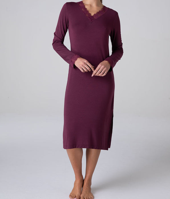 Lovable Long V-Neck Elegant Modal Nightgown, wine red
