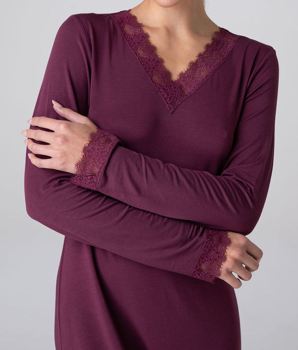 Lovable Long V-Neck Elegant Modal Nightgown, wine red