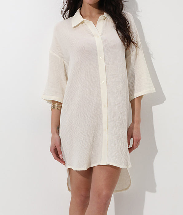 Lovable Abito camicia manica 3/4 in cotone intrecciato, bianco seta