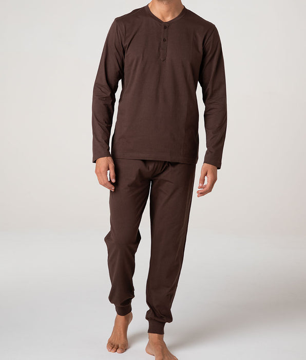 Lovable Long Cotton Jersey Henley Pyjama Set, Chocolate Brown