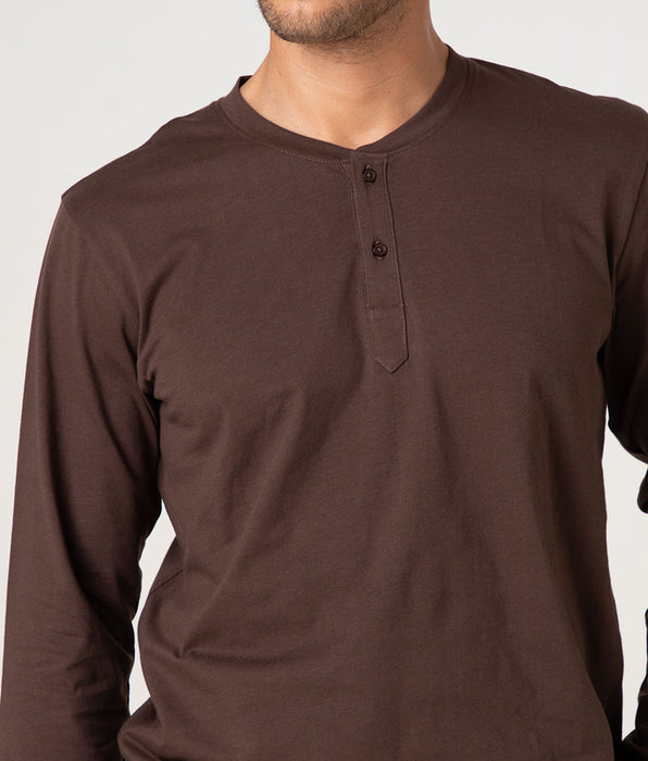 Lovable Long Cotton Jersey Henley Pyjama Set, Chocolate Brown