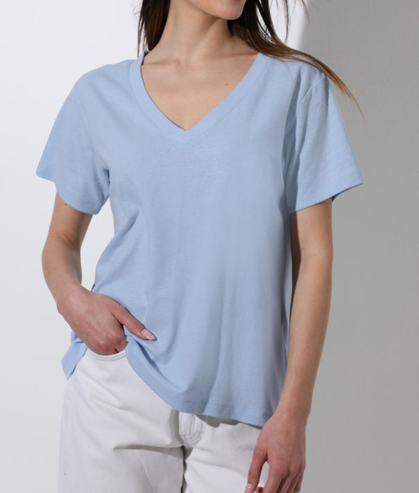 Lovable Maglia Manica Corta Scollo a V in cotone e lino, azzurro