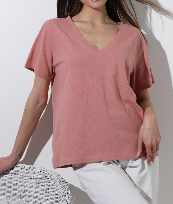 Lovable Maglia Manica Corta Scollo a V in cotone e lino, rosa polvere