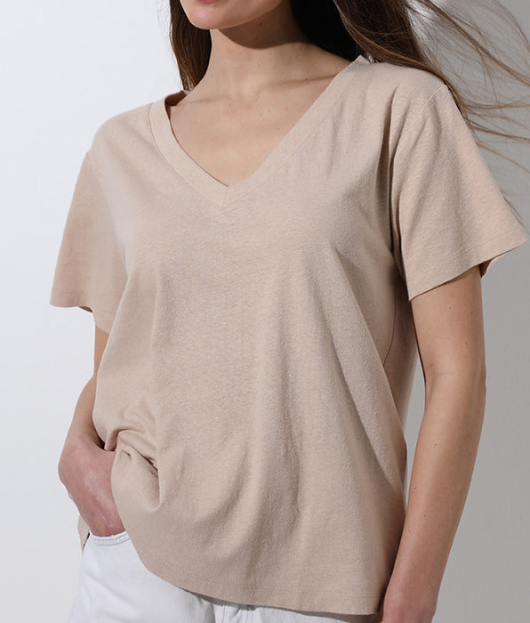 Lovable Maglia Manica Corta Scollo a V in cotone e lino, cappuccino