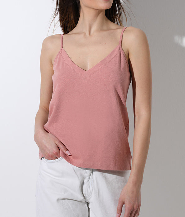 Lovable Top con scollo a V in cotone e lino, rosa polvere
