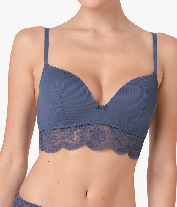 Lovable Reggiseno senza ferretto imbottito Casual Rib Lace in microfibra e pizzo, blu polvere