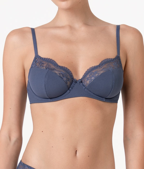 Lovable Reggiseno con Ferretto Casual Rib Lace in microfibra e pizzo, blu polvere