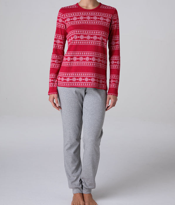 Lovable Long Round-Neck Interlock Pajamas, red and grey