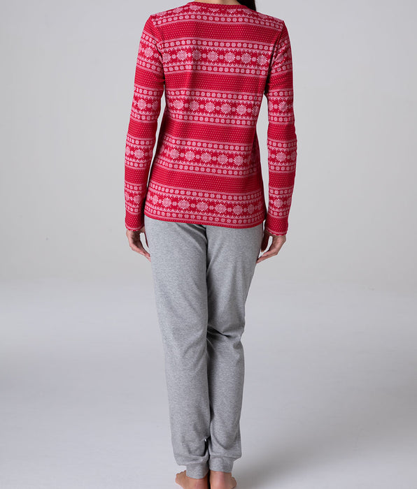 Lovable Long Round-Neck Interlock Pajamas, red and grey
