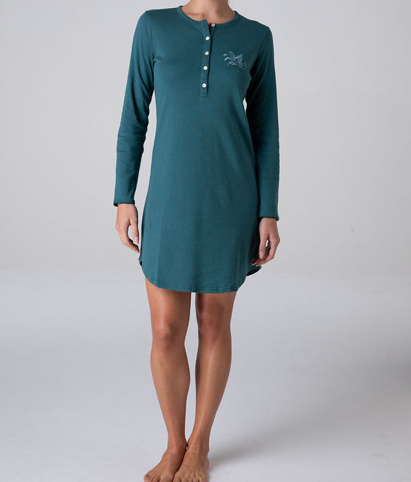 Lovable Camicia da Notte Serafino Manica Lunga in Interlock, verde mediterraneo