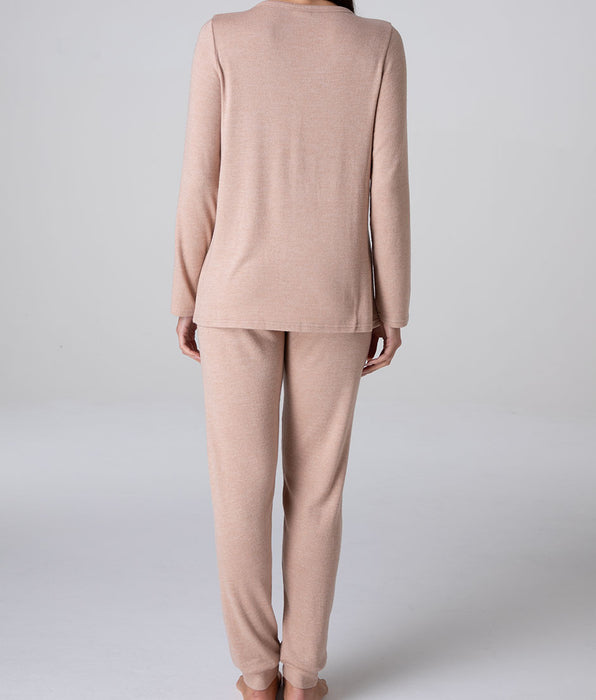 Lovable Warm Fluffy Long Henley Pajama Set, caffè latte