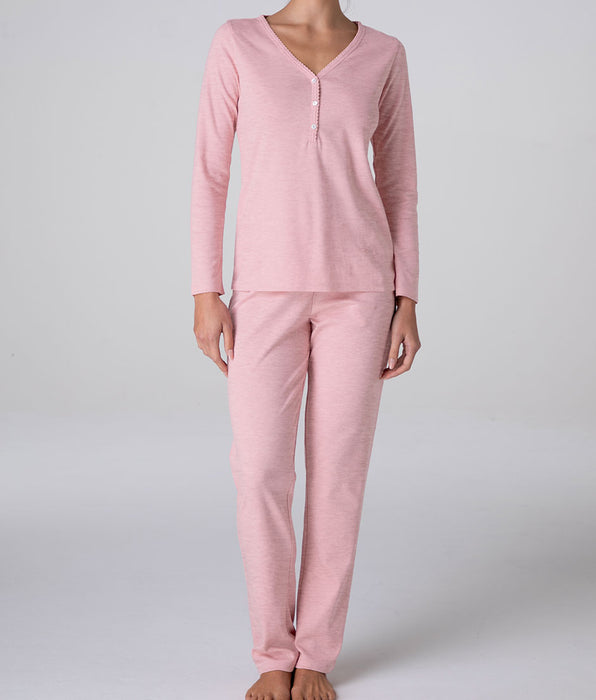 Lovable Long Interlock Henley Pajamas, melange pink