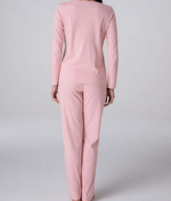 Lovable Long Interlock Henley Pajamas, melange pink