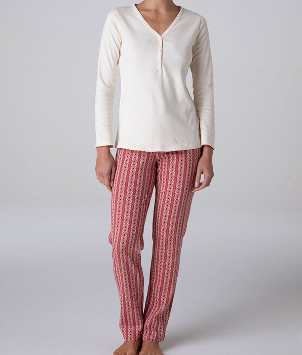 Lovable Long Interlock Henley Pajamas, pearl ivory