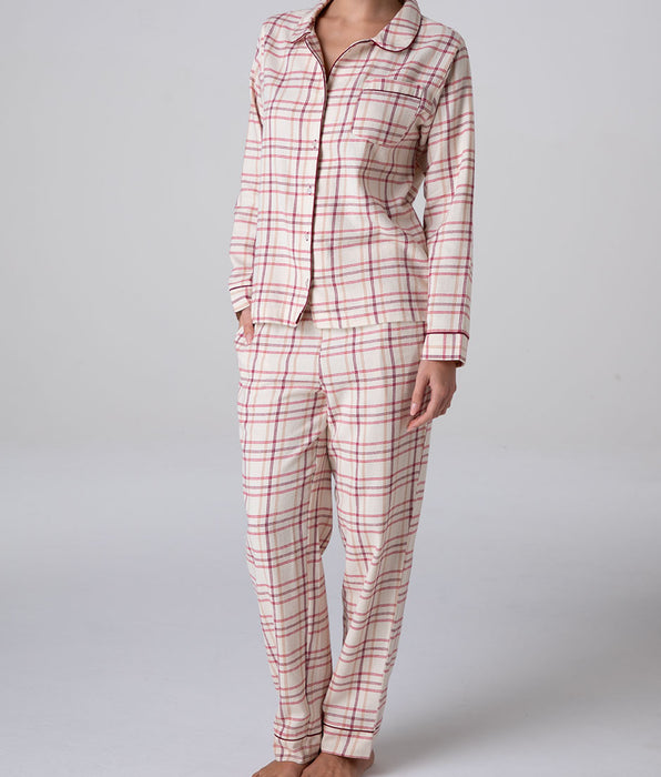 Lovable Long Open Flannel Pajamas, red check on ivory