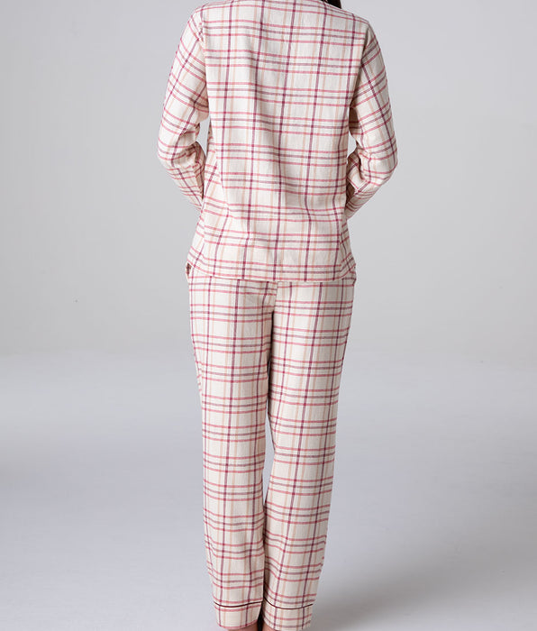 Lovable Long Open Flannel Pajamas, red check on ivory
