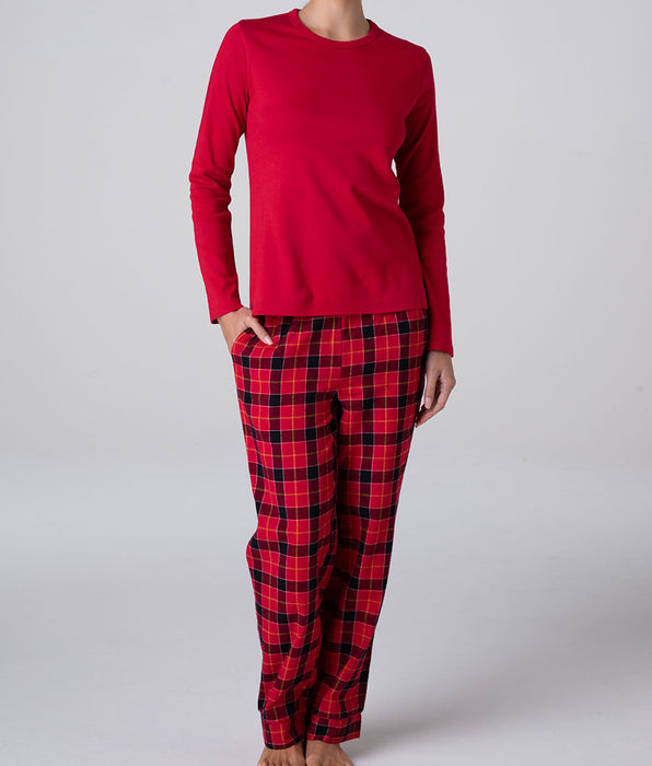 Lovable Long Round-Neck Interlock and Flannel Pajamas, red