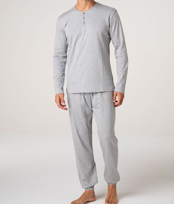 Lovable Long Cotton Interlock Henley Pyjama Set, Grey Mélange