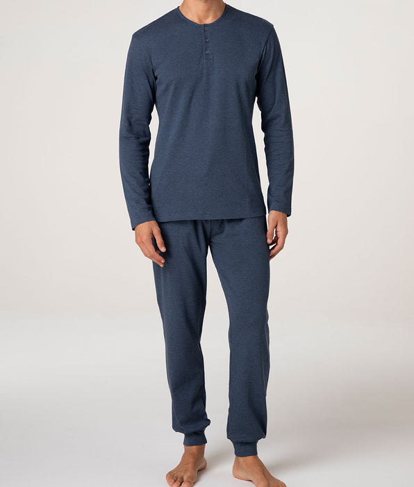 Lovable Long Cotton Interlock Henley Pyjama Set, Blue Mélange