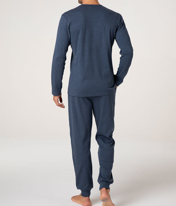 Lovable Long Cotton Interlock Henley Pyjama Set, Blue Mélange