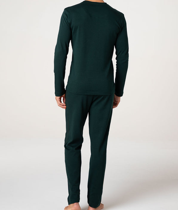 Lovable Long Cotton Interlock Crew-Neck Pyjama Set, Dark Green