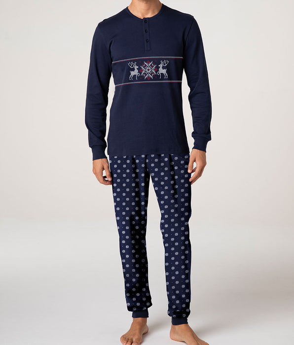 Lovable Pigiama Lungo Collo Serafino in Interlock, blu navy